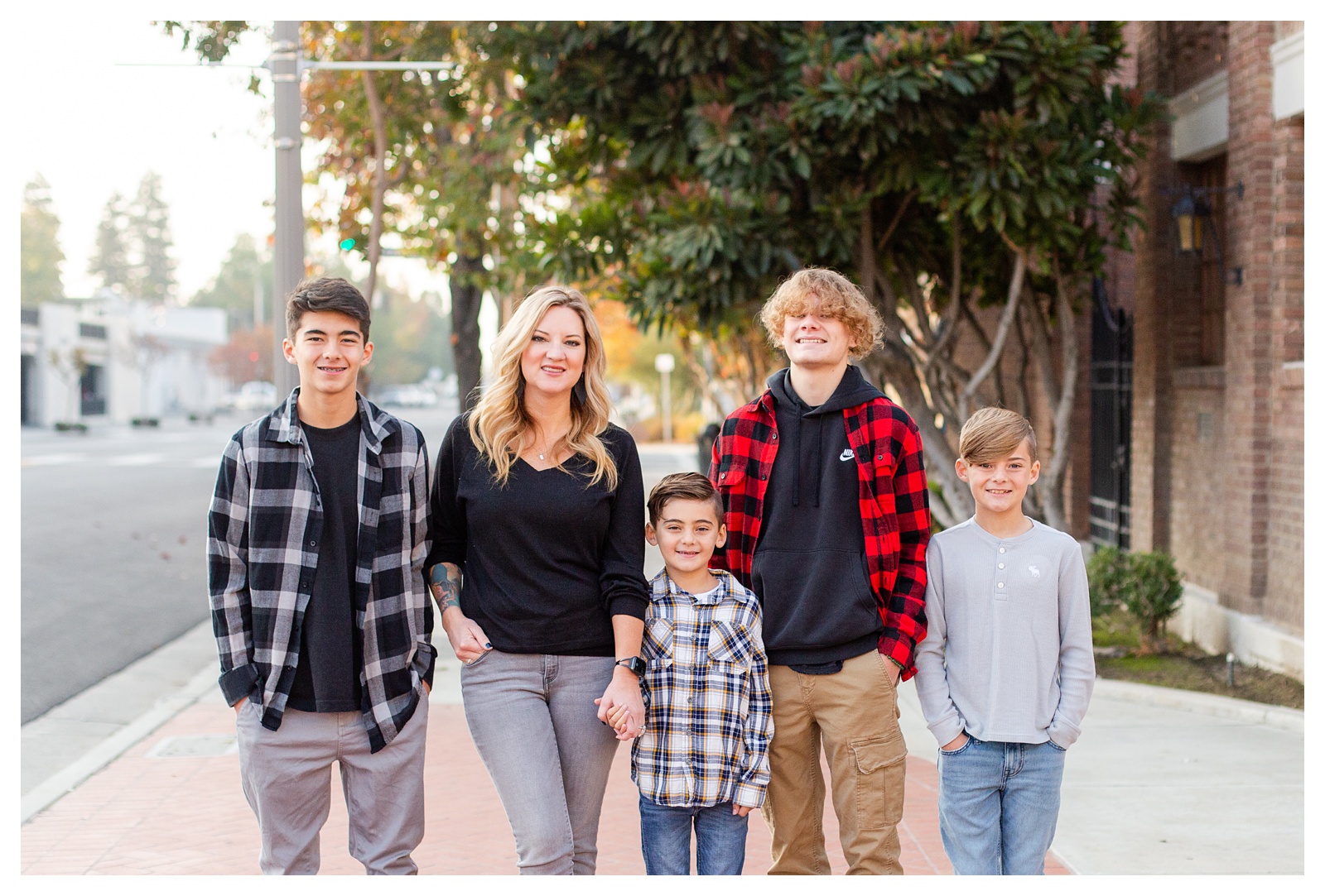 Portrait of Jill and her four boys on their session in downtown, Bakersfield