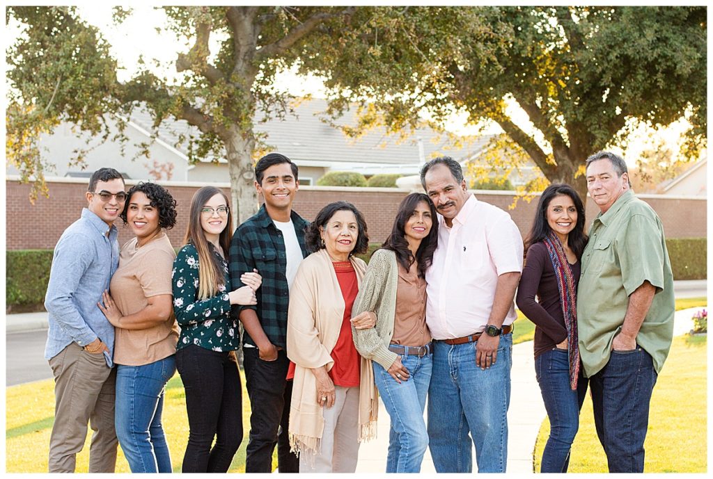 Family session of nine family members. Grandmother with her two daughters and two grandkids along with their spouses. 